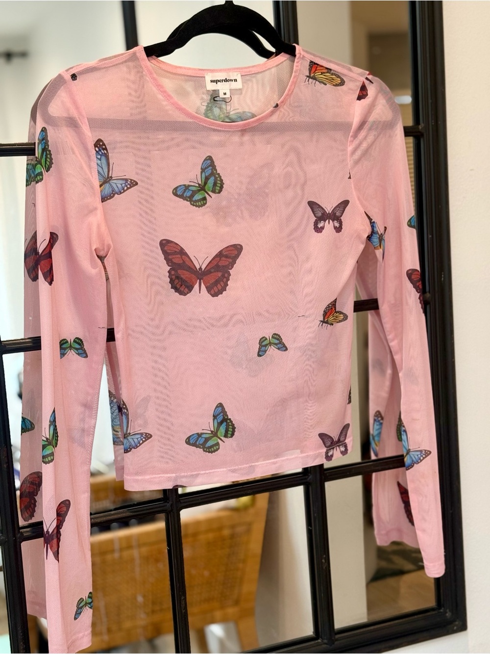 🦋 SUPERDOWN 🦋 Sheer Pink Butterfly Print Long Sleeve Top S